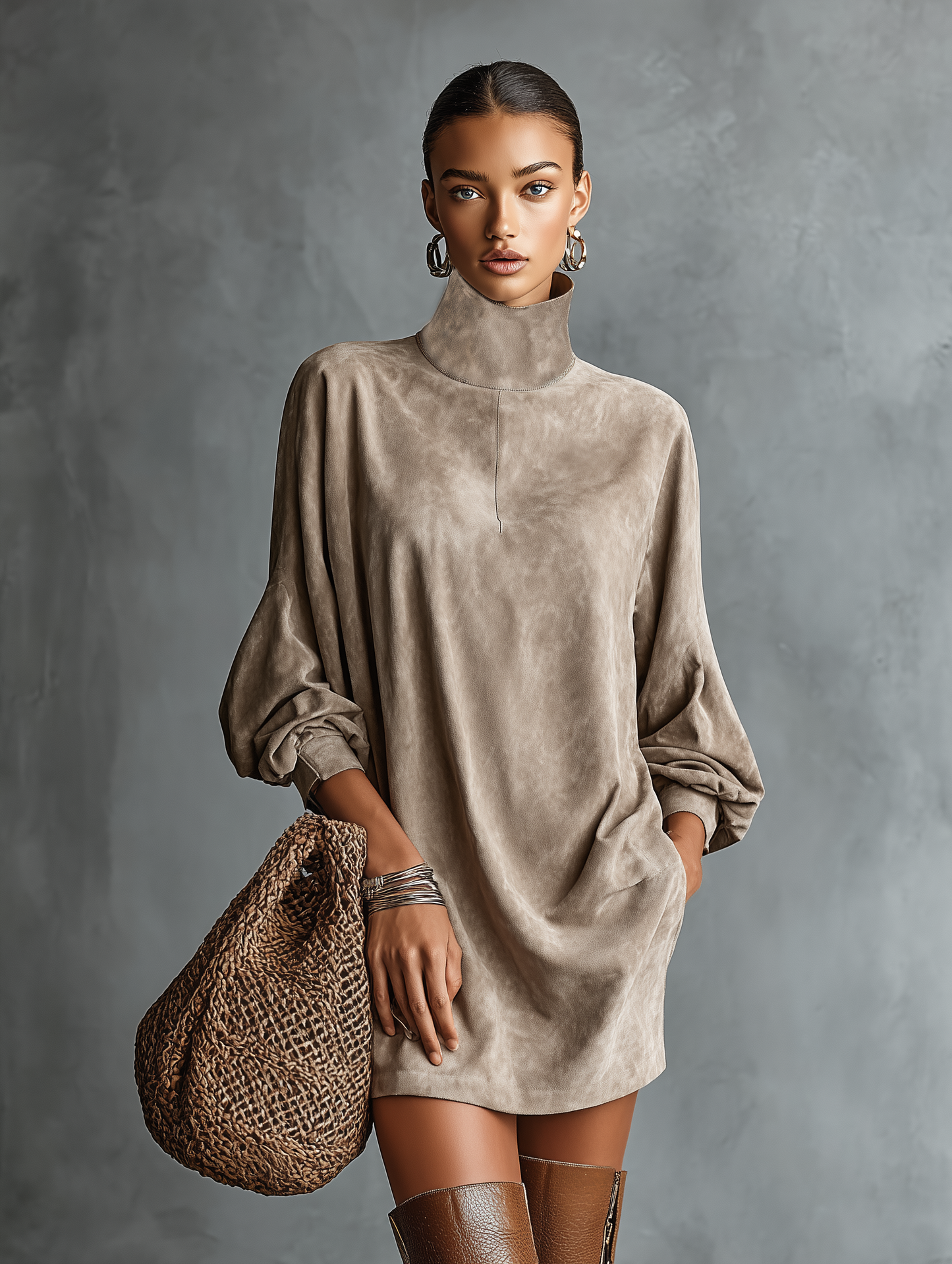 Women's Faux Suede High-Neck Loose Mini Dress in Khaki – back view | Hensley London