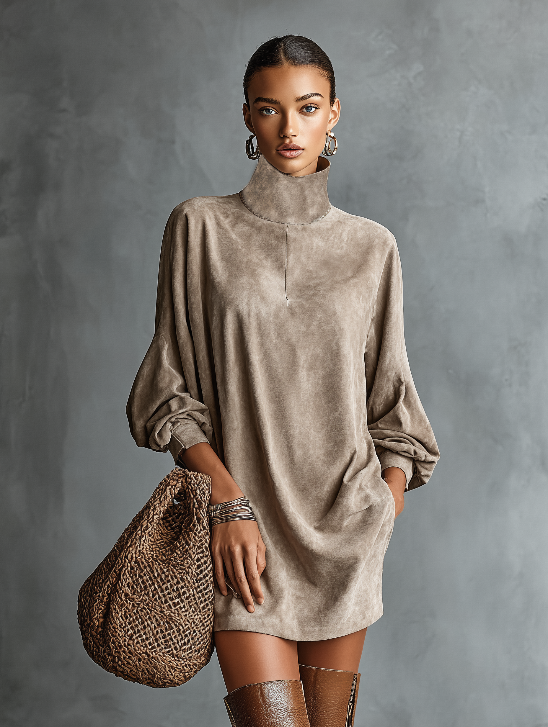 Women's Faux Suede High-Neck Loose Mini Dress in Khaki – back view | Hensley London