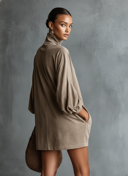 Women's Faux Suede High-Neck Loose Mini Dress in Khaki – full view | Hensley London