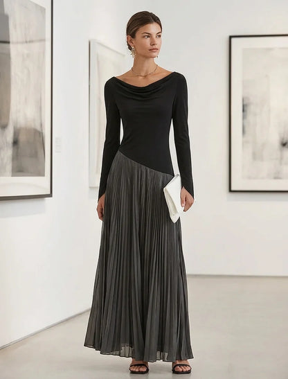 Women's Two-Tone Draped-Neck Pleated Maxi Dress – Product view | Hensley London