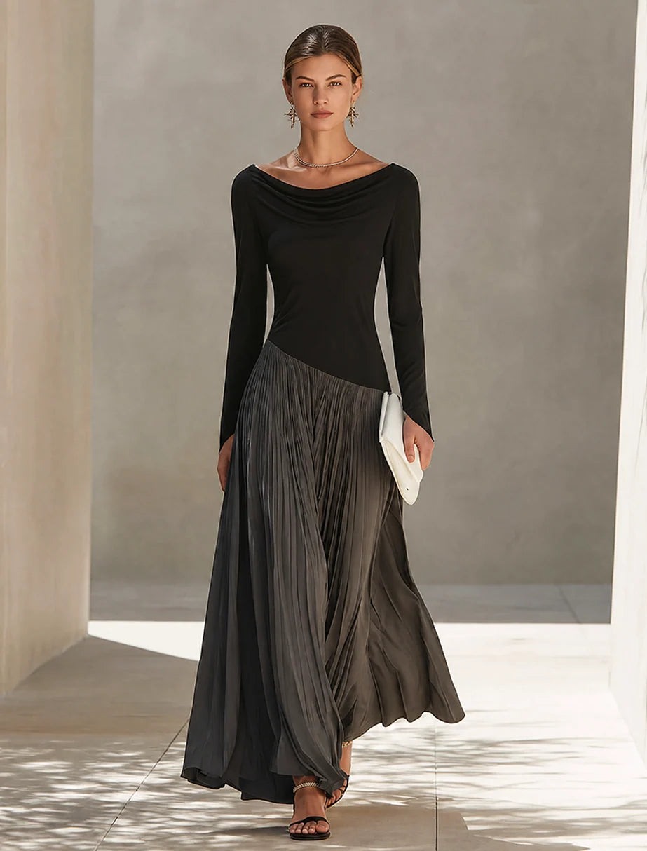 Women's Two-Tone Draped-Neck Pleated Maxi Dress – Product view | Hensley London