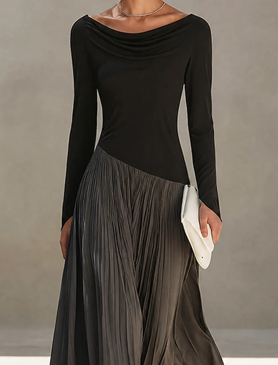 Women's Two-Tone Draped-Neck Pleated Maxi Dress – Product view | Hensley London