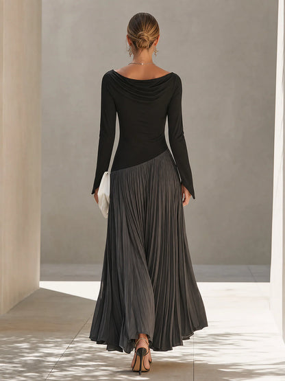 Women's Two-Tone Draped-Neck Pleated Maxi Dress – Product view | Hensley London