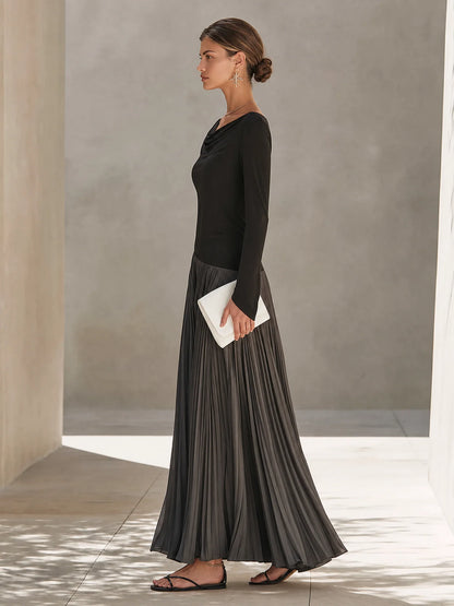 Women's Two-Tone Draped-Neck Pleated Maxi Dress – Product view | Hensley London