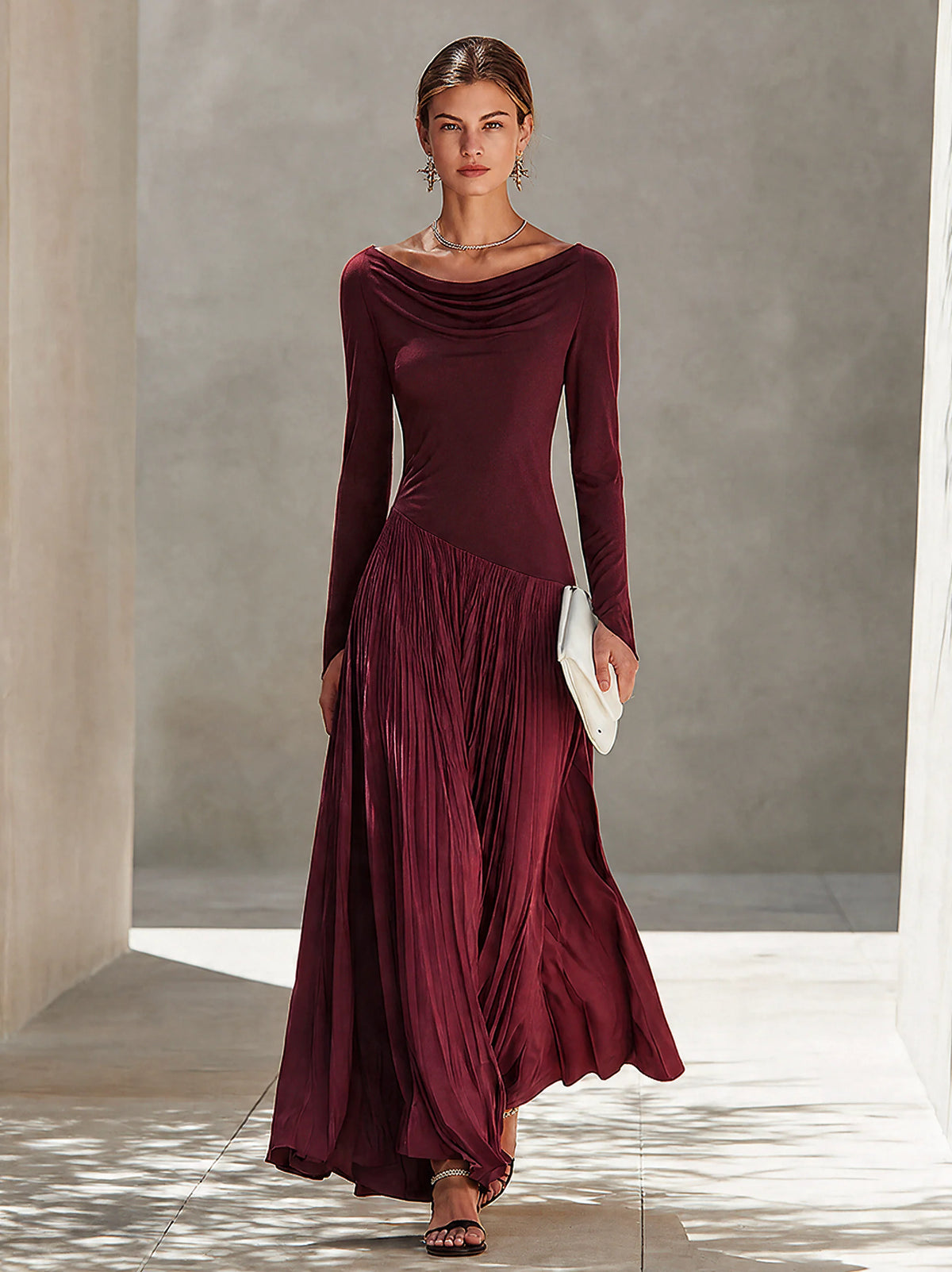 Women's Two-Tone Draped-Neck Pleated Maxi Dress in Claret – Product view | Hensley London