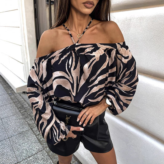 Women's Off-Shoulder Leopard Print Going Out Top with Balloon Sleeves – Casual Loose Fit 0
