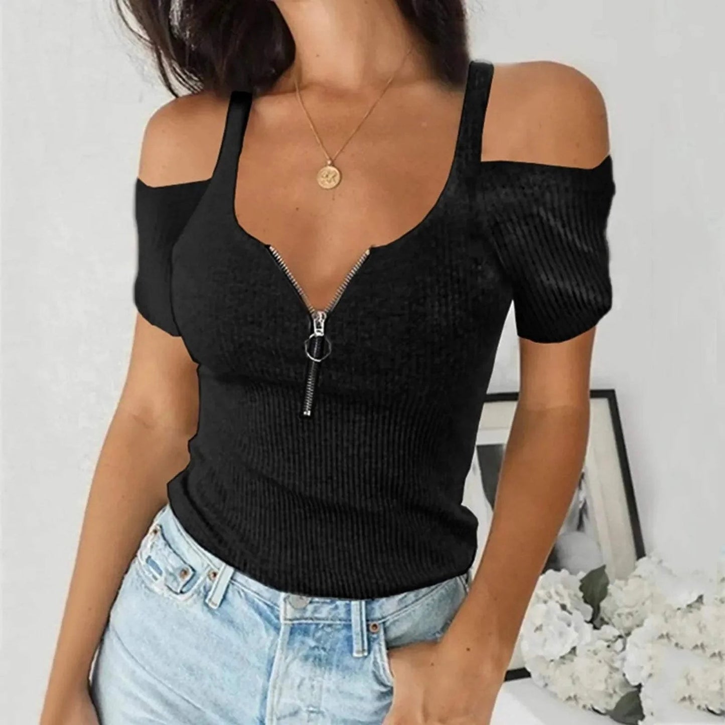 Womens Off-Shoulder Ribbed Knit Going Out Top with Deep V-Neck and Slim Fit 3