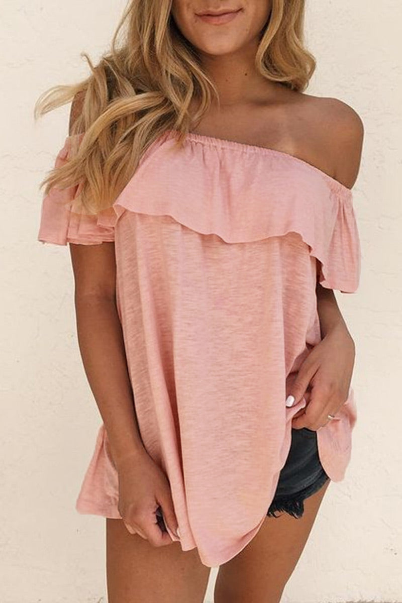Women's Off-Shoulder Ruffle Blouse – Relaxed Fit Short Sleeve Summer Top 0