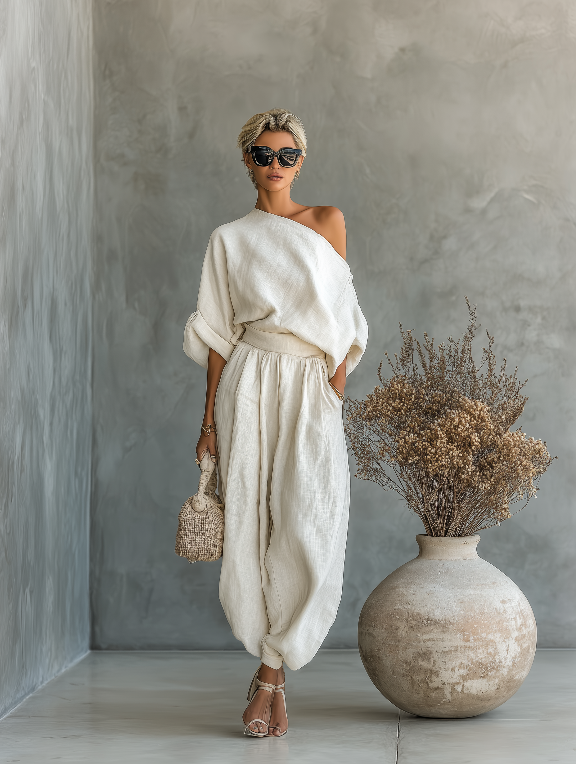 Women's Linen Off-Shoulder Top & Tapered Pants Set in Off-White – product view | Hensley London