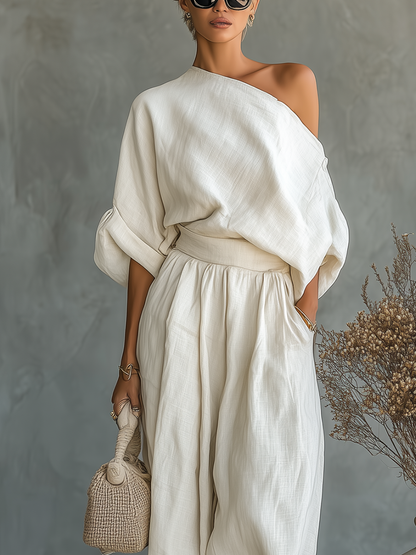 Women's Linen Off-Shoulder Top & Tapered Pants Set in Off-White – product view | Hensley London