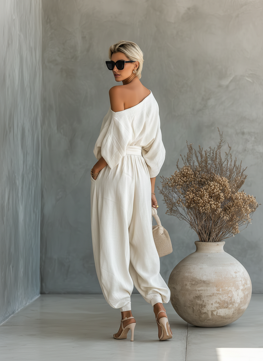 Women's Linen Off-Shoulder Top & Tapered Pants Set in Off-White – product view | Hensley London