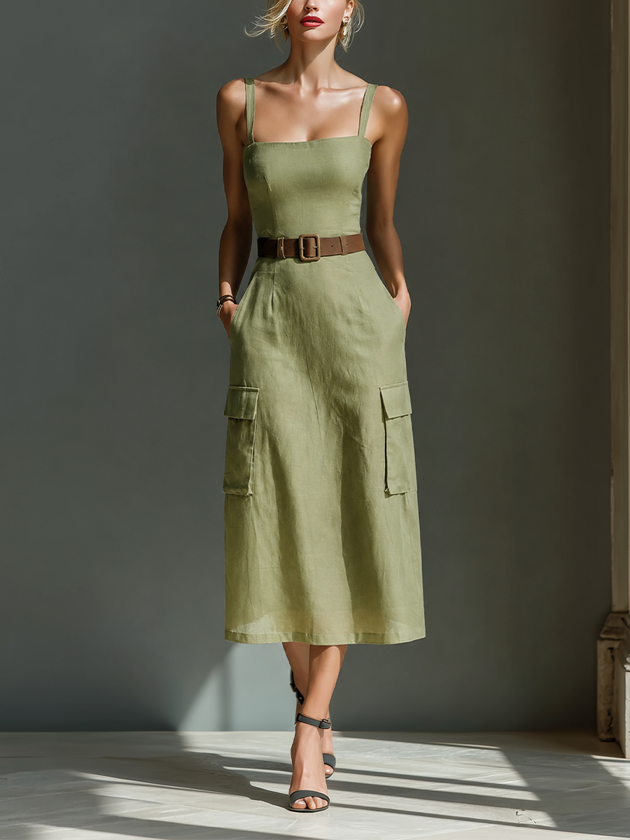 Women's Linen Sleeveless Midi Dress in Olive Green – front view | Hensley London