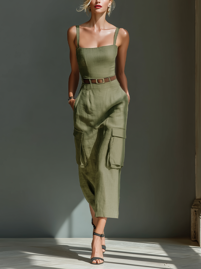 Women's Linen Sleeveless Midi Dress in Olive Green – side view | Hensley London