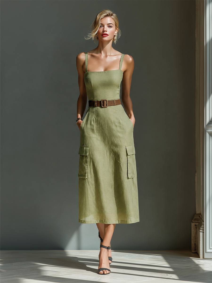 Women's Linen Sleeveless Midi Dress in Olive Green – cargo pocket detail | Hensley London