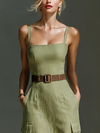 Women's Linen Sleeveless Midi Dress in Olive Green – belted waist detail | Hensley London