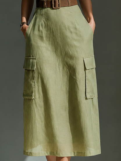 Women's Linen Sleeveless Midi Dress in Olive Green – back view | Hensley London