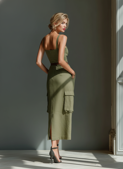 Women's Linen Sleeveless Midi Dress in Olive Green – full view | Hensley London