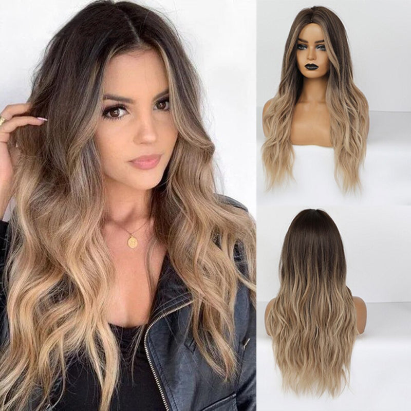 Women's Ombre Pink Long Wavy Wig Synthetic Hair 3