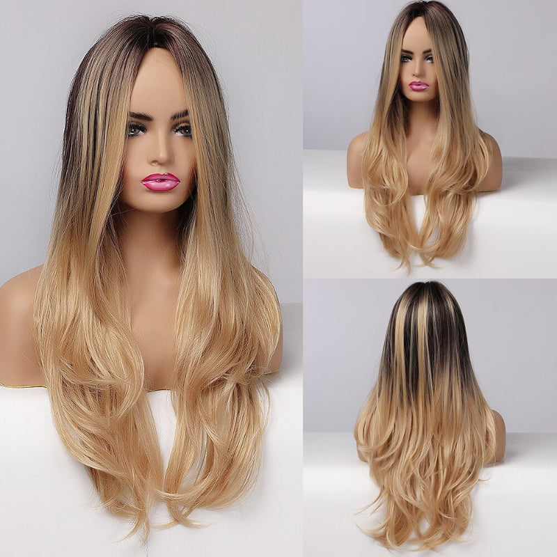 Women's Ombre Pink Long Wavy Wig Synthetic Hair 7