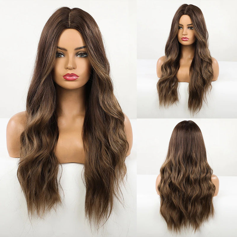 Women's Ombre Wig Brown Purple Synthetic Heat-Resistant Long Wavy 16