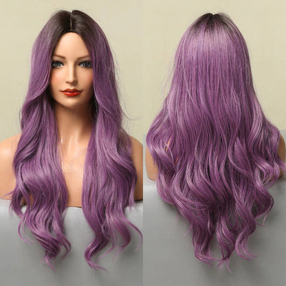 Women's Ombre Wig Brown Purple Synthetic Heat-Resistant Long Wavy 25