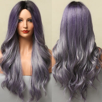 Women's Ombre Wig Brown Purple Synthetic Heat-Resistant Long Wavy 29