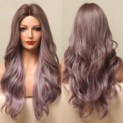 Women's Ombre Wig Brown Purple Synthetic Heat-Resistant Long Wavy 4