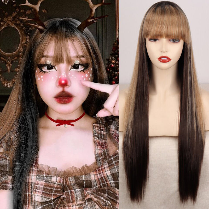 Women's Ombre Wig Pink and Black Long Straight High-Temperature Fiber 16