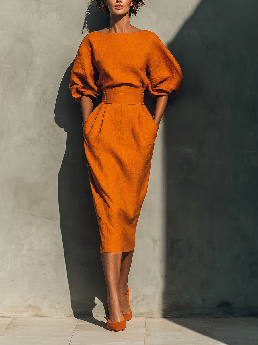 Women's Mid-Sleeve Top & Midi Skirt Set in Orange – product view | Hensley London
