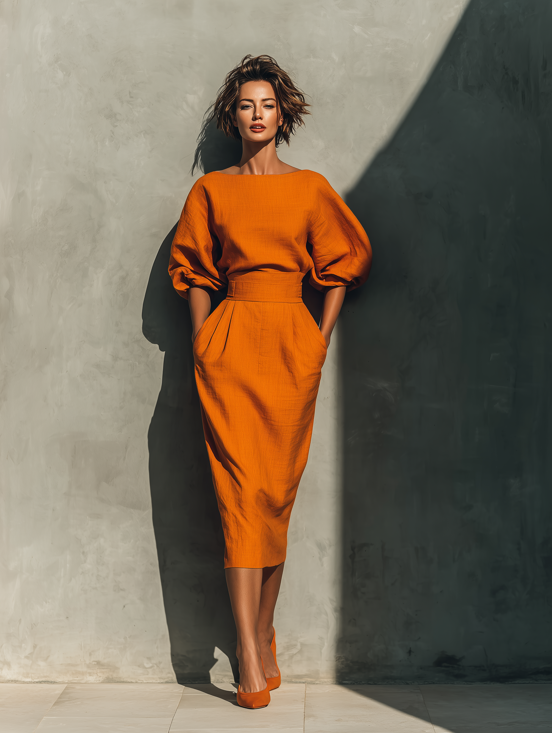 Women's Mid-Sleeve Top & Midi Skirt Set in Orange – product view | Hensley London