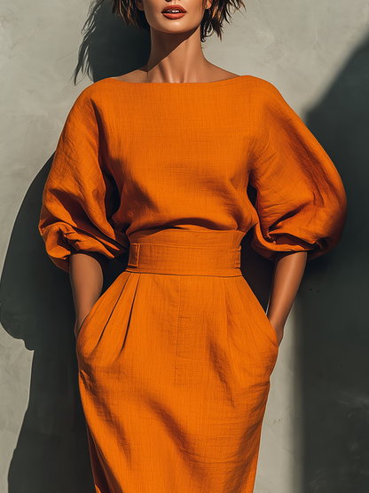 Women's Mid-Sleeve Top & Midi Skirt Set in Orange – product view | Hensley London