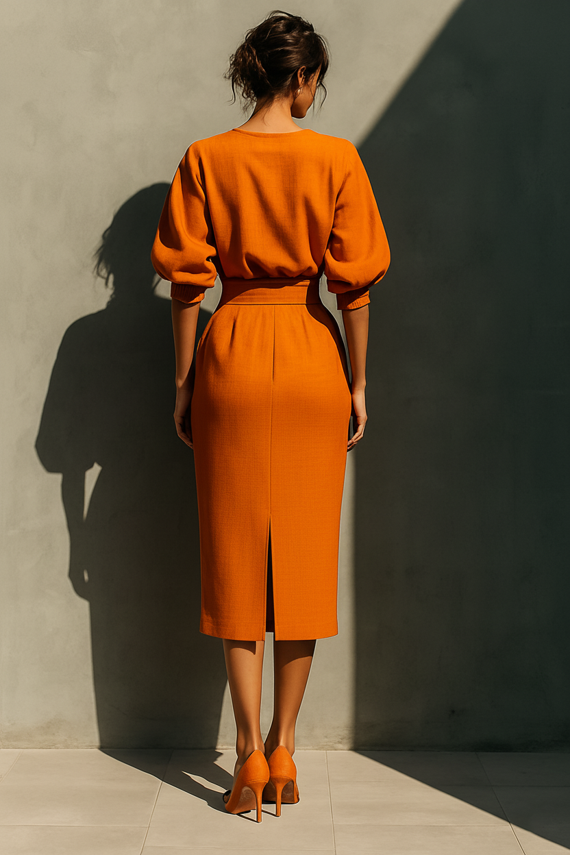 Women's Mid-Sleeve Top & Midi Skirt Set in Orange – product view | Hensley London