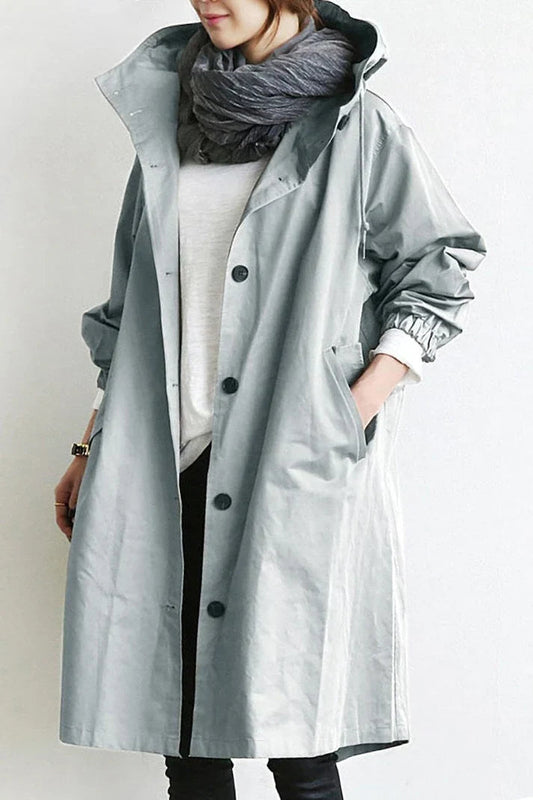 Women's Trench Coat Beige Oversized Cotton with Hood and Pockets - 1