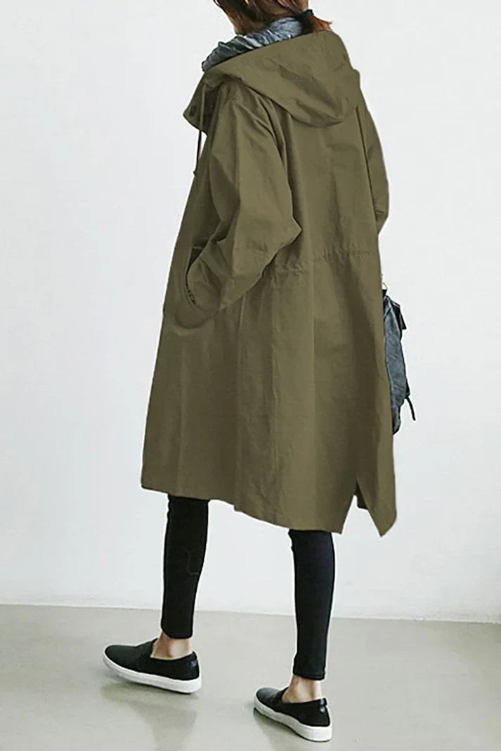 Women's Trench Coat Beige Oversized Cotton with Hood and Pockets - 3