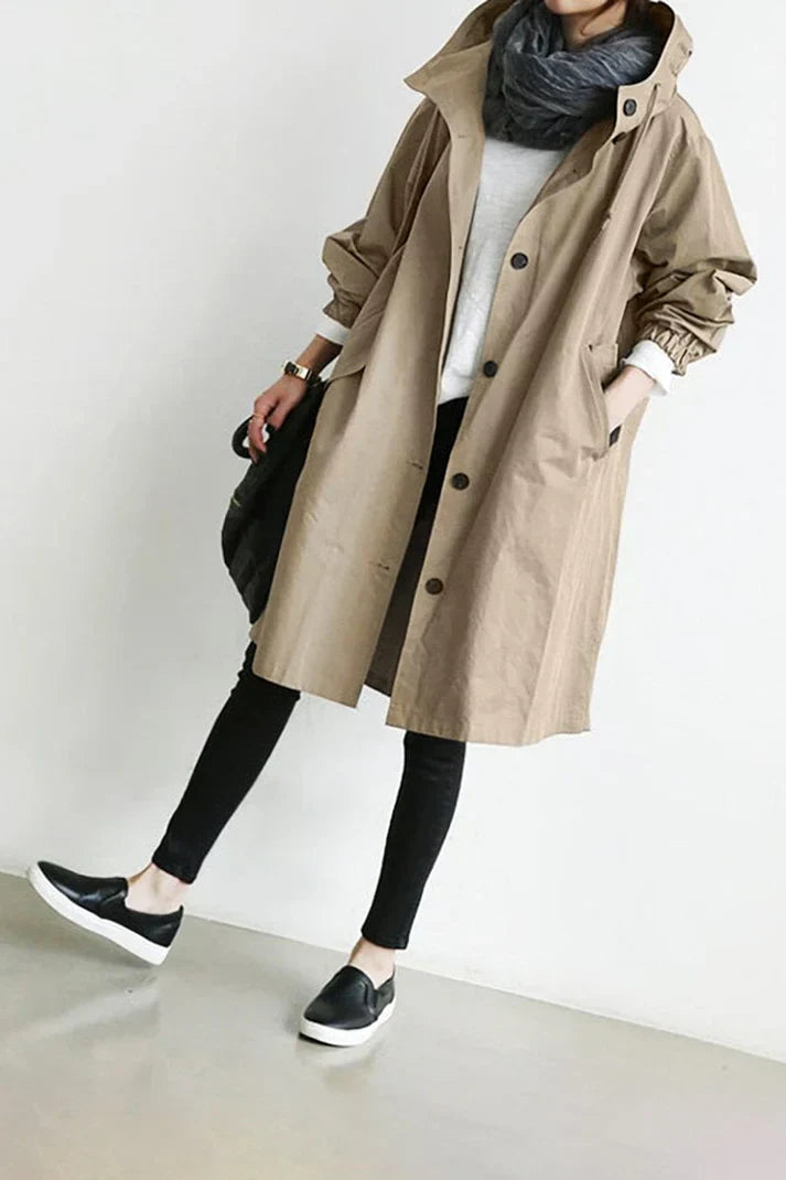 Women's Trench Coat Beige Oversized Cotton with Hood and Pockets - 5