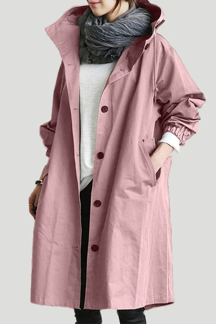 Women's Trench Coat Beige Oversized Cotton with Hood and Pockets - 8
