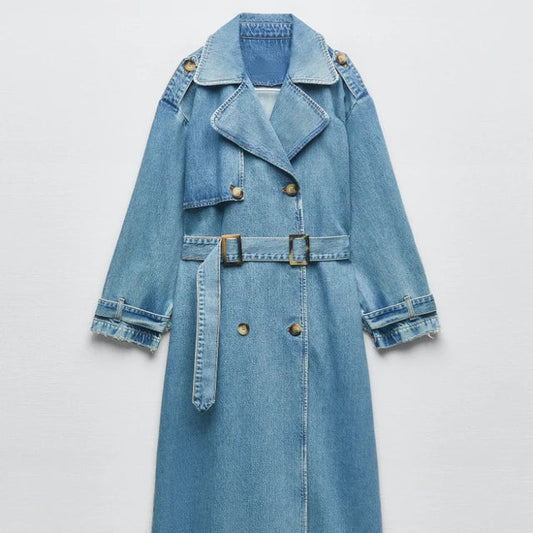 Women's Oversized Trench Coat Blue Denim - 1