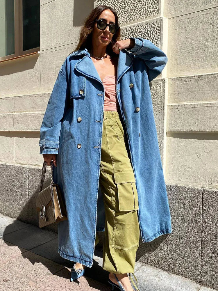 Women's Oversized Trench Coat Blue Denim - 2
