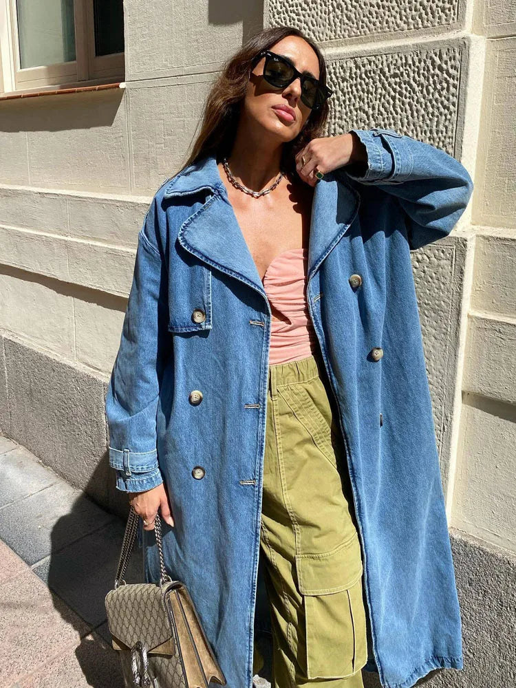 Women's Oversized Trench Coat Blue Denim - 3