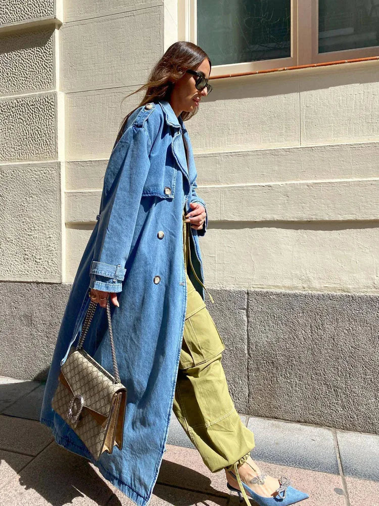 Women's Oversized Trench Coat Blue Denim - 4