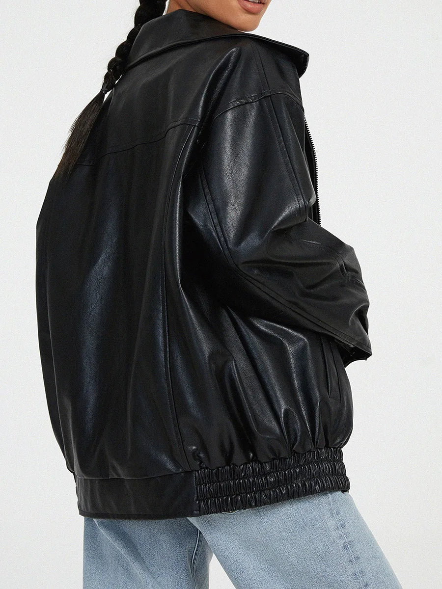 Women's Oversized Bomber Jacket Black PU - 1