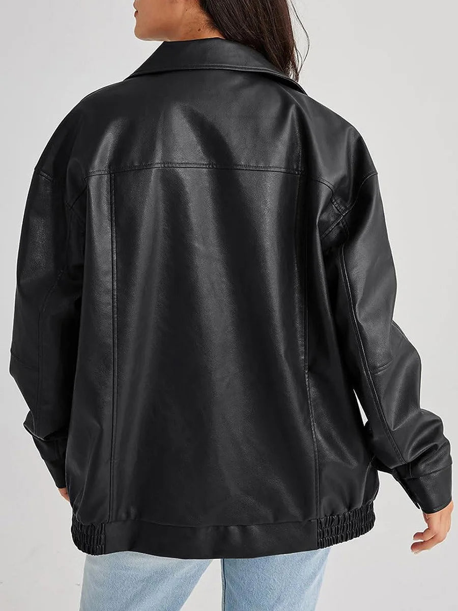 Women's Oversized Bomber Jacket Black PU - 3