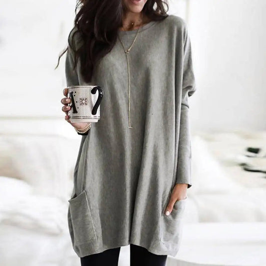 Women's Oversized Sweater - Long Sleeve Crew Neck with Pockets, Soft Cotton Blend 1