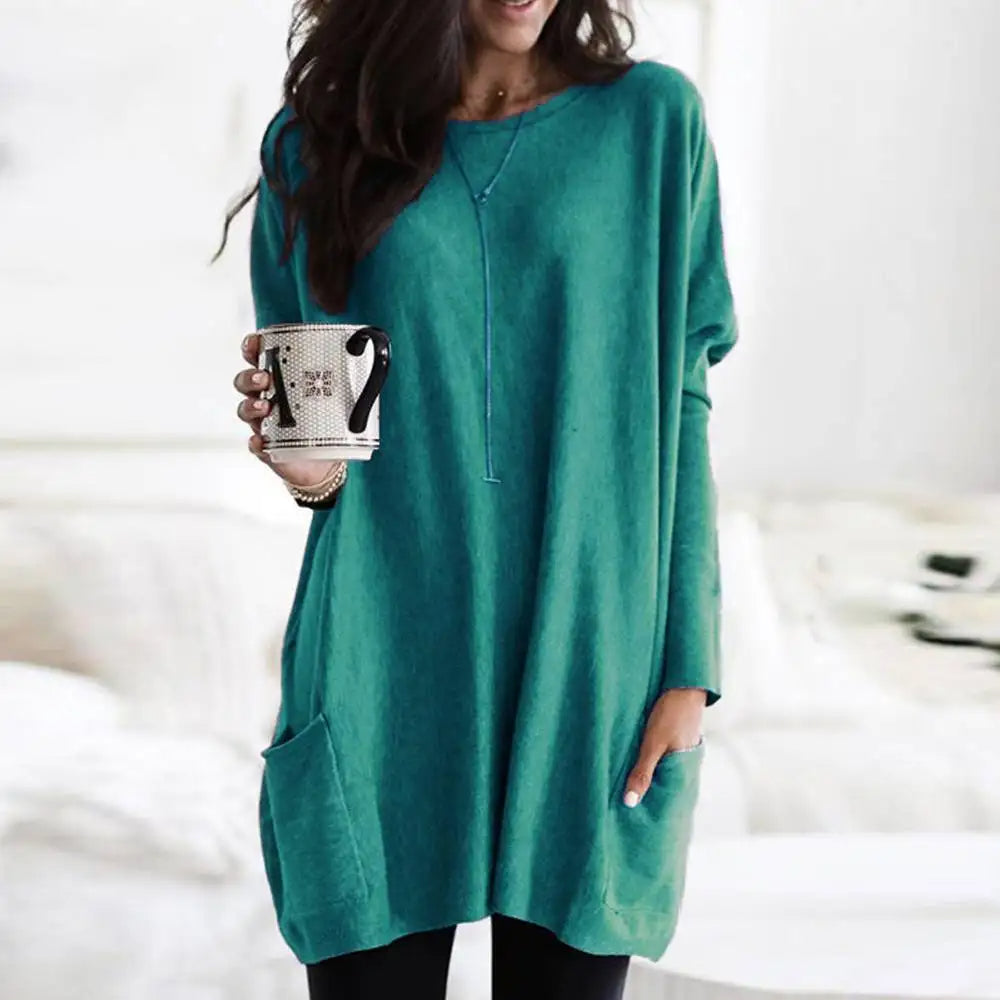 Women's Oversized Sweater - Long Sleeve Crew Neck with Pockets, Soft Cotton Blend 3
