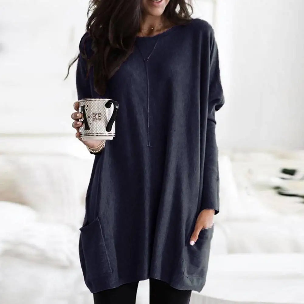 Women's Oversized Sweater - Long Sleeve Crew Neck with Pockets, Soft Cotton Blend 4