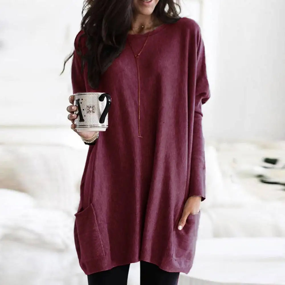 Women's Oversized Sweater - Long Sleeve Crew Neck with Pockets, Soft Cotton Blend 7