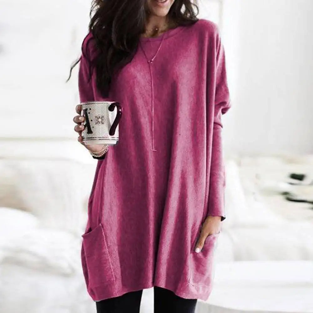 Women's Oversized Sweater - Long Sleeve Crew Neck with Pockets, Soft Cotton Blend 8