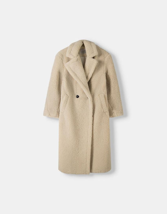 Women's Oversized Coat Beige Teddy Fabric - 1