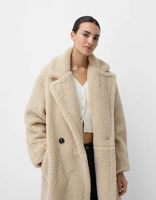 Women's Oversized Coat Beige Teddy Fabric - 2