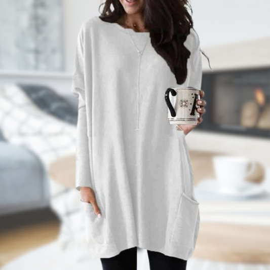 Womens Oversized Tunic Sweater - Soft Knit, Long Sleeve, Round Neck with Front Pocket 1